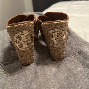 Tory Burch Tan Espadrille Wedge Sandals with Gold Logo